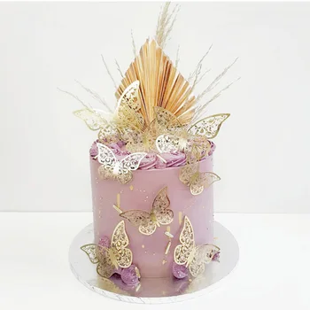 12шт 3D Пеперуда честит Рожден Ден Торта Topper Розово Злато Хартиени Фен Сватбена Торта Topper за Рожден Ден Украса на Тортата