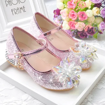 2022 г., обувки на висок ток с декорация във формата на кристали за малки момичета, детски обувки на принцесата с gilding, детски етап вечерни танци, обувки, Розови Сребърни обувки 1