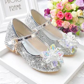 2022 г., обувки на висок ток с декорация във формата на кристали за малки момичета, детски обувки на принцесата с gilding, детски етап вечерни танци, обувки, Розови Сребърни обувки 3