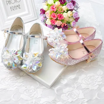 2022 г., обувки на висок ток с декорация във формата на кристали за малки момичета, детски обувки на принцесата с gilding, детски етап вечерни танци, обувки, Розови Сребърни обувки 4