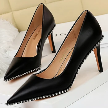 2022 Дамски Обувки на висок ток 7,5 см, 10,5 см, обувки-лодка с Нитове, женски обувки за стриптийз на висок ток цвят каки, сватбени обувки За бала с шипове, Големи Размери