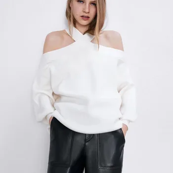2022 есента нов дамски моден темпераментна монофонични свободен вязаный пуловер с дълги ръкави и отворени рамене