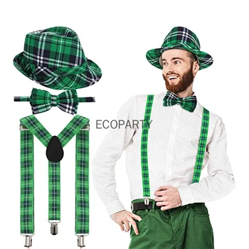 32-Набор от аксесоари за Деня на Св. Патрик Ирландски празнични Аксесоари, Зелена клетчатая шапка, лента, папийонка, Комплект от 3 теми, ирландски рокля, Мъжки комплект