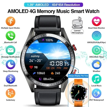 454*454 1,39 инча AMOLED дисплей Винаги Показва Време Смарт Часовници Bluetooth Предизвикателство Местна Музика Времето Умни Часовници За Мъже Android 1