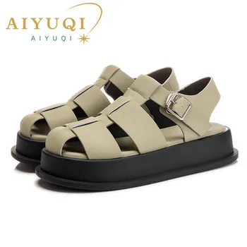 AIYUQI/дамски сандали със затворени пръсти; Колекция 2023 г.; Нови Летни дамски римски Сандали за почивка на дебела подметка; Модни Тканая дамски обувки Сандали