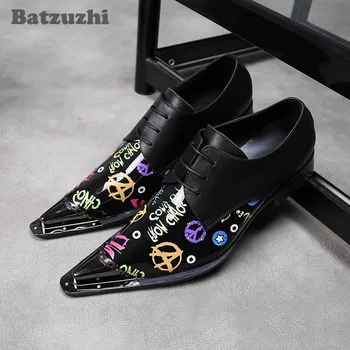 Batzuzhi/ черни мъжки модел обувки от естествена кожа; модни мъжки обувки-Oxfords с остър метален пръсти дантела; официалната бизнес обувки, размер 12