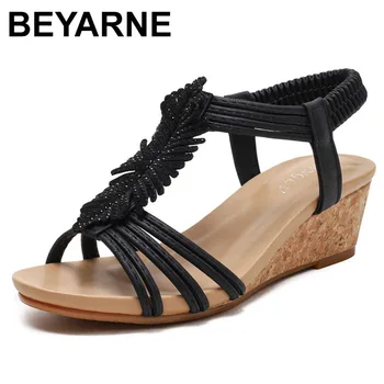 BEYARNE/2021 г., дамски сандали-гладиатори с Т-образно каишка, сандали на танкетке свети листа, летни римски обувки с отворени пръсти