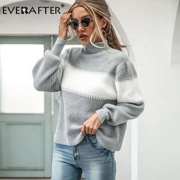 EVERAFTER мозайка големи поло шарени фенер ръкав Есен Зима пуловер, жилетка модни пуловери crochet 1