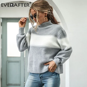 EVERAFTER мозайка големи поло шарени фенер ръкав Есен Зима пуловер, жилетка модни пуловери crochet 2