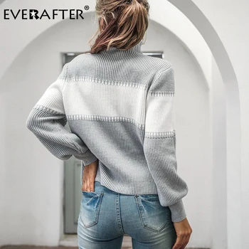 EVERAFTER мозайка големи поло шарени фенер ръкав Есен Зима пуловер, жилетка модни пуловери crochet 3