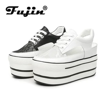 Fujin/дамски Бели обувки; Лятна Нова Дишаща Модни обувки от Окото на материала на Дебела Подметка; Однотонная дамски обувки с кръгло бомбе и дантела, обувки с каишка отзад