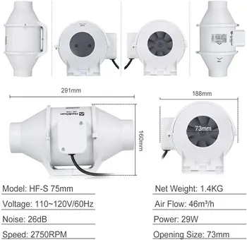 Hon & Guan 3-инчов Канален Вентилатор, Високо Вграден Вентилатор, Система за Вентилация със Смесен Поток, Вентилатор за Баня, Кухня, Отглеждане 2