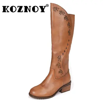 Koznoy/Дамски Кожени ботуши до Коляното с височина 4,9 см, Ботильоны от естествена кожа до средата на прасците, Модни Демисезонные женски етнически мрежести обувки