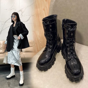 Lasyarrow/ 2020 г. Нови зимни обувки, дамски Дълги ботуши до коляното, кожени Модни обувки дантела, нескользящие черни обувки, дамски обувки 5
