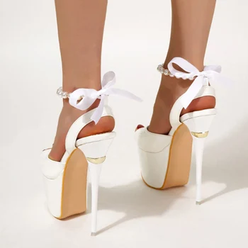 Liyke/ Чубрица бели Сандали на платформа и много Висок Ток 16 см, женски модерен Модел обувки с отворени Пръсти и Лък, обувки-лодка 2