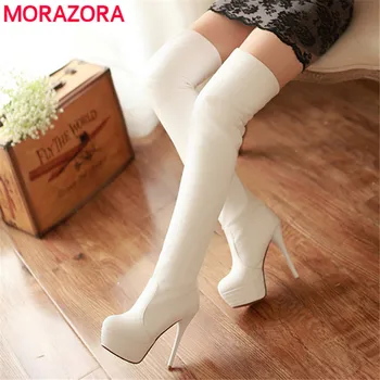 MORAZORA/размери 33-46, новост 2021 г., тънки ботуши над коляното, дамски обувки на платформа и много висок ток, попадат пикантни ботуши до бедрата, женски