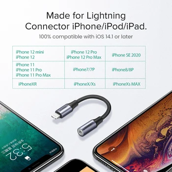 UGREEN Пфи Lightning Конектор и 3.5 мм AUX Кабел за iPhone 12 11 Pro X XR XS 8 7 3 Светкавица 3,5 Слушалки Аудио Адаптер Газа 1