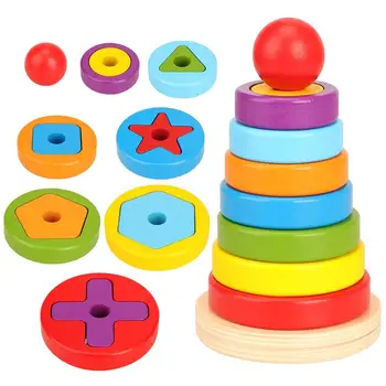 Бебешки Детски Дървени Оптимистичните Цветни Пръстени Геометрични Строителни Блокове Штабелирующая Пъзел Игра, Интерактивна Играчка