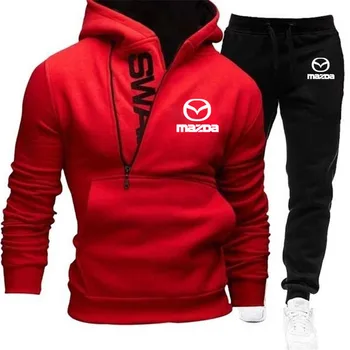 Гореща разпродажба, Hoody с цип + спортни панталони, всекидневни спортен комплект от 2 теми, автомобил на Mazda с логото, памук, Висококачествен Мъжки Hoody, пуловер 2