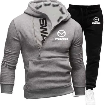 Гореща разпродажба, Hoody с цип + спортни панталони, всекидневни спортен комплект от 2 теми, автомобил на Mazda с логото, памук, Висококачествен Мъжки Hoody, пуловер 4