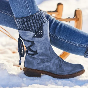 Дамски зимни обувки до средата на прасците, Зимни обувки от Флока, Дамски Модни Зимни Обувки, Обувки До бедрата, Велур Топли Botas Zapatos De Mujer
