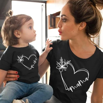 Един и същ дрехи за семейството, тениски за майките и децата, лятна тениска с мини-принтом Love Мама, Модерен семеен дрехи за мама и бебе
