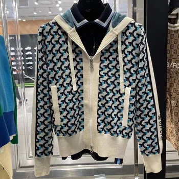 Есенно-зимния ново дамско жаккардовое вязаное палто за голф с качулка, топло и удобно палто с дълги ръкави