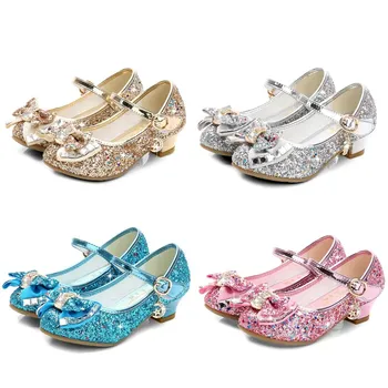 Кожени Обувки Принцеси За Момичета, Ежедневни Лъскава Детски Обувки На Висок Ток, Детски Обувки от 4 до 14 години с Възел Пеперуди, Син, Розов, Сребрист
