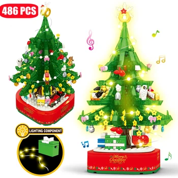 Коледна Серия Блок Въртящи Led Светлинен Музикална Ковчег Строителни Блокове Приятели Дърво Къща Тухли Играчки За Деца Празнични Подаръци