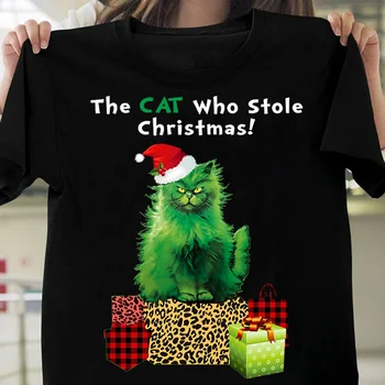 Котка, която открадна Коледа. Забавен Подарък тениска с Коледните Котка. Ежедневни тениски от 100% памук с къс ръкав, Без покрив, Размер S-3XL