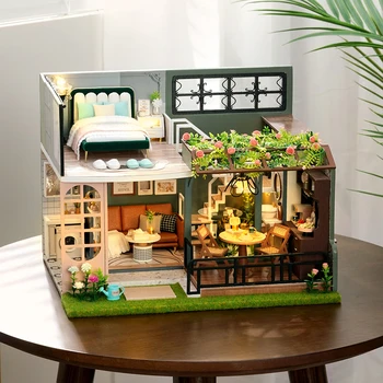 Направи си САМ Дървени Куклени Къщи Градина Casa Миниатюрни Строителни Комплекти Куклена Къща С Мебели Светлина Вила Играчки за Момичета Коледни Подаръци