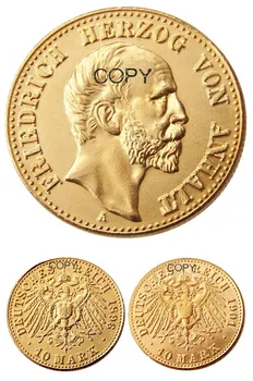 НЕМСКИ САНКТ-Анхалт-Десау Фридрих I (1896 1901) 10 марки Позлатен копирни монета 0
