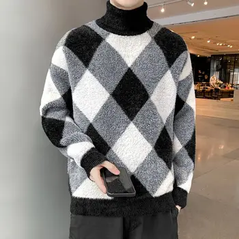 Нов пуловер с висока воротом, корейската версия, мъжки ежедневни пуловер с кръгло деколте, зимна свободен пуловер с ревера, топ плюс кадифе за запазване на топлината