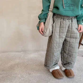 Нови Зимни Детски панталон с памучна подплата, обикновена проверени панталони за момичета и Момчета, топли гъсти прави панталони