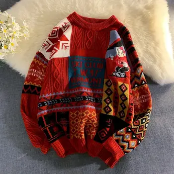 Пуловер на ANASTAS Червен Коледен Пуловер, Мъжки Пуловер Оверсайз Кабелна Тел