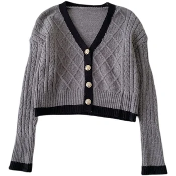 Ретро есен нов стил корейски темперамент кратък период с дълги ръкави и V-образно деколте вязаный пуловер