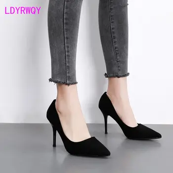 Удобни велурени обувки на висок ток, дамски черни професионални работни студентски фини обувки на среден ток 7 см на висок ток