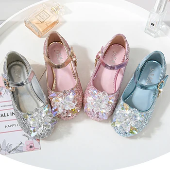 2022 г., обувки на висок ток с декорация във формата на кристали за малки момичета, детски обувки на принцесата с gilding, детски етап вечерни танци, обувки, Розови Сребърни обувки