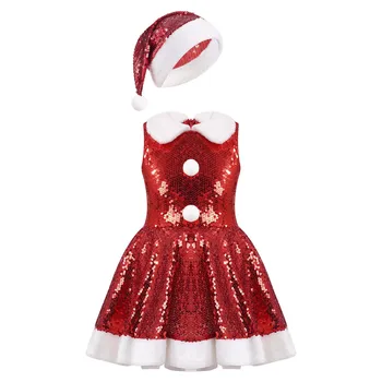 Детски Коледни Костюми с Пайети за момичета, Червена Рокля с Шапка на Дядо Коледа за Сценичното Представяне, елегантно облечен Cosplay-парти, Нова година, Коледни Костюми 0