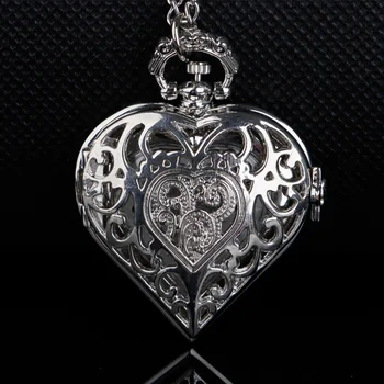Кух Кварц Джобен Часовник във Формата На Сърце Със Сребърна Огърлица zegarek Lady Висулка Подарък 0