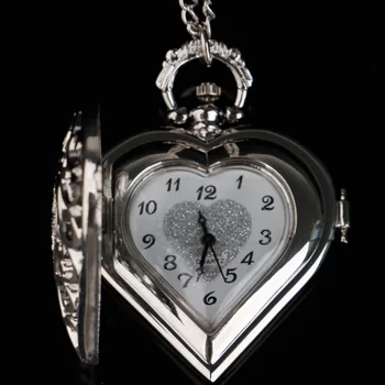 Кух Кварц Джобен Часовник във Формата На Сърце Със Сребърна Огърлица zegarek Lady Висулка Подарък 2