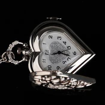 Кух Кварц Джобен Часовник във Формата На Сърце Със Сребърна Огърлица zegarek Lady Висулка Подарък 3
