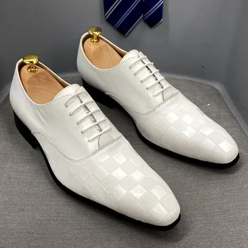 По-големи размери 13 47, Класически Италиански Мъжки Oxfords От естествена кожа, бели Обувки Дантела с остри пръсти, Сватбени и вечерни модела Вечерни Обувки за Мъже 0
